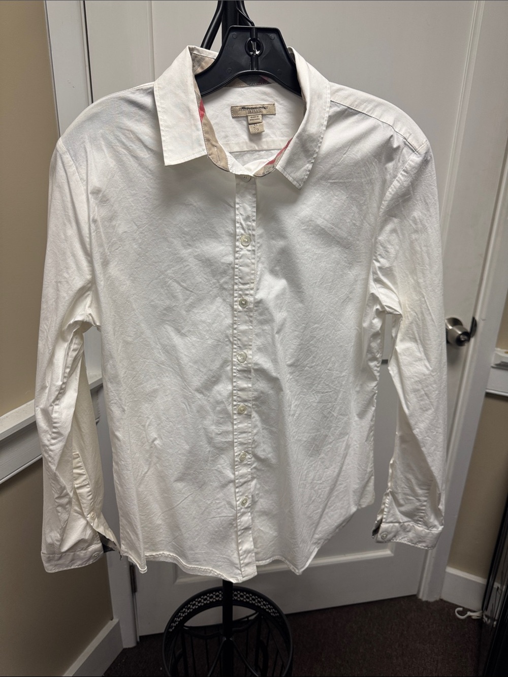 Burberry White Button-Down Dress Shirt with Subtle Check Trim